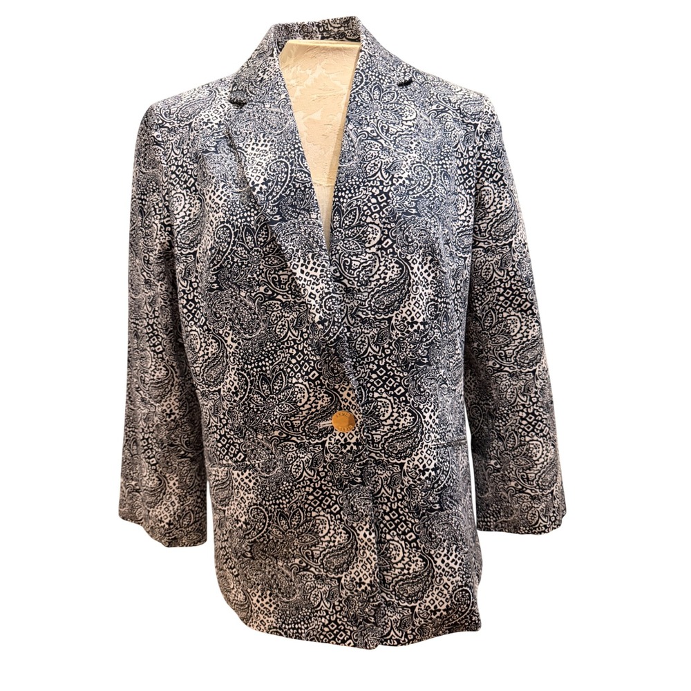Anne Klein Womens Navy Blue White Paisley Single Button Blazer Jacket Size L
